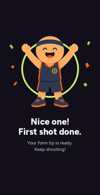 Hoopy celebrating on the app screen: Nice one, first shot done. Your form tip is ready.